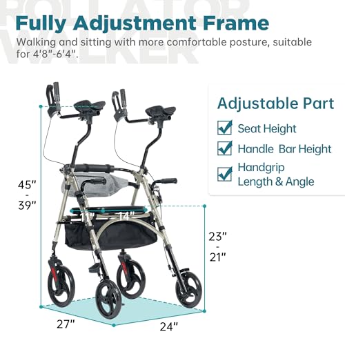 ELENKER Upright Rollator Walker, Stand Up Walkers for Seniors with Armrest, Front Pouch, 10”Wheels, Sponge Padded Seat and Backrest, Fully Adjustment Frame, Champagne - Thumbnail 6
