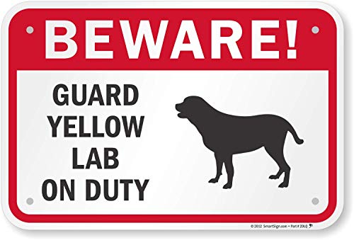 Panneau Beware Guard Yellow Lab On Duty en aluminium de 30x45 cm