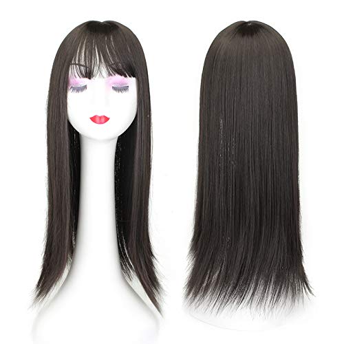 Perruque longue et droite brun foncé avec frange naturelle pour femme