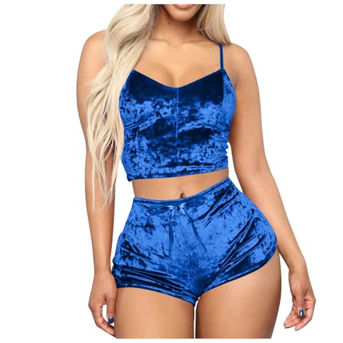 Sexy Lingerie Sets for Women Solid Full Slip V Neck Tank Tops Shorts Pajama Set Fashion Negligees Boudoir Lingeries Blue
