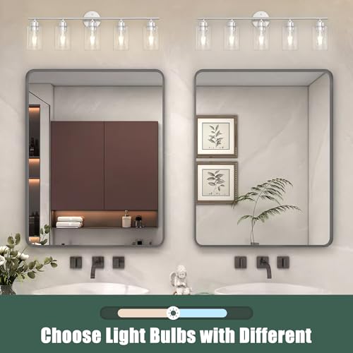 Image of Bathroom Vanity Light Fixtures Brushed Nickel Bathroom Lighting Fixture, 5 Lights Bathroom Light Fixture Over Mirror, Modern Black Vanity Light, Wall Sconces with Glass Shades