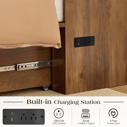 Image of LUXOAK Twin Murphy Bed with 6 inch White Tri-Fold Memory Foam Mattress, Storage Drawer & Charging Station, Space-Saving Design for Home Office or Guest Room, Barnwood