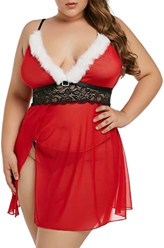 Ecosunny Womens Plus Size Christmas Lingerie Red Santa Babydolls Chemises Set