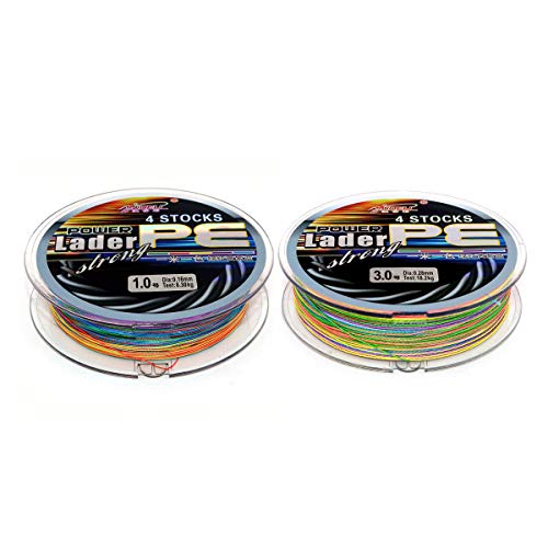 NUZAMAS Conjunto de Dos líneas de Pesca Trenzadas, Total de 200m, Colores Mezclados, 4 Hilos Trenzados, líneas Trenzadas de PE súper Lisas, tamaño 1.0(8.3 kg/18.3lb) y tamaño 3.0(20.8kg/45.86lb)