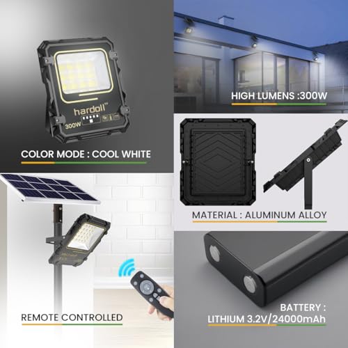 Image of hardoll Solar Flood Light 300W with Remote, Cool White LED, 5M Cable, Waterproof IP65 Aluminium Body, Replaceable 24000mAh Lithium Battery for Home, Garden, Terrace, Outdoor (Pack of 1)