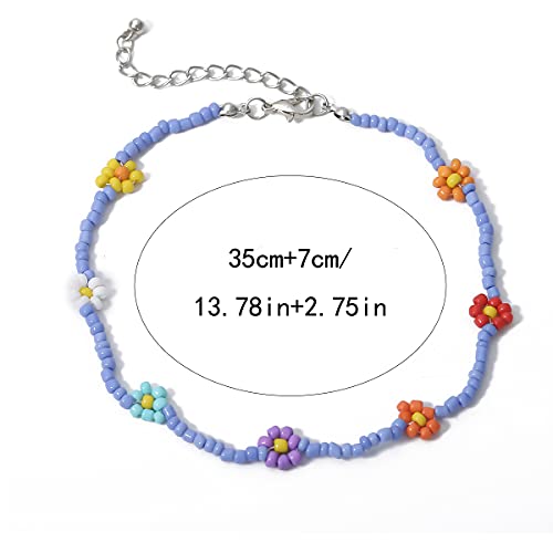 Bohemian Colorful Handmade Tiny Disc Beaded Choker Daisy Flower Necklaces Bracelets Boho Sunflower Seeds Chain Collar for Women Girls Summer Delicate Holiday Jewelry-G Bluish Violet Colorful Set2