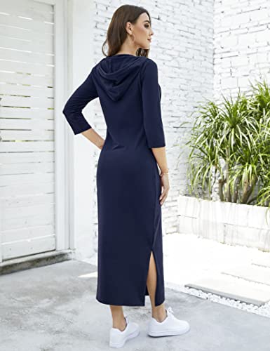 Image of MISSKY Women Casual Pocket Quarter-Zip Neck 3 /4 Sleeve Slim Split Pullover Hoodie Maxi Dress
