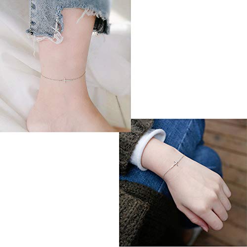 Cross Anklets For Women Teen Girls Men 925 Sterling Silver White Gold Plated Sideways Cross Adjustable Chain Classic Dainty Charm Foot Anklet Bracelet Baptism Birthday Gift Jewelry #TOP3