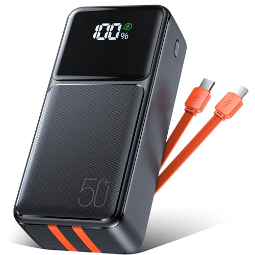 Batería Externa 50000mAh Power Bank PD 30W Carga rápida Cargador portátil con Cable Integrado, Batería portátil USB C 5 Output con Pantalla LED Powerbank para Smartphones Tableta