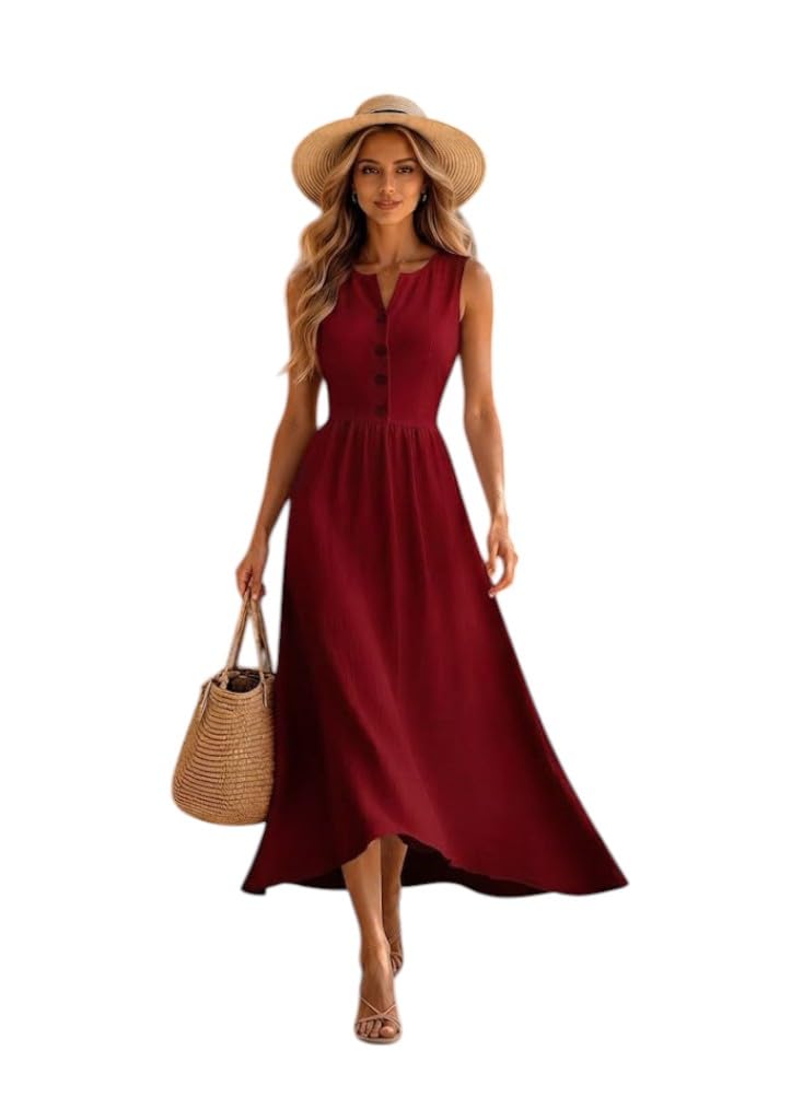 oomph! Women's Solid Sleeveless Fit & Flare Midi Dress | Round Neck | Button Detail Front | Flowy Casual Summer Dress-picture-33