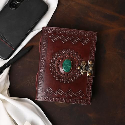 Image of Hancrafty Leather Diary, Handmade Green Stone Embossed Plain White Paper Journal with Lock Clasp for Men and Women Travel Notebook for Writing (Brown)