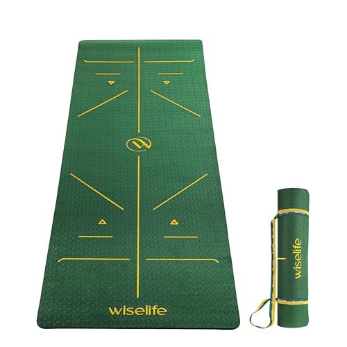 Image of WiseLife TRUE Body Alignment Yoga Mat + Sleek Yoga Strap for Men and Women | Non-Slip Textured Extra Wide & Thick | Pro Balance TPE Exercise Mat For Home, Pilates, Gym & Fitness (6mm, Green)
