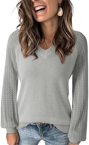 Dokotoo Women’s Casual V-Neck Long Sleeve Sweaters Solid Color Pullover Knit Sweater Jumper Tops