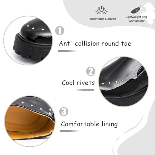 Men's Fashion Rivet Patent Leather Platform Low Chunky Heel Slip on Loafers Comfortable Anti-Collision Round Toe Lightweight Anti-Slip Lug Sole Derby Shoes for Business Wedding Prom3