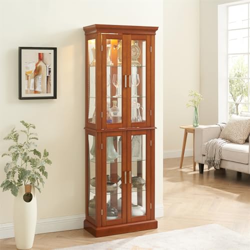 Curio Cabinet Lighted with Glass Doors Display Cabinet with Adjustable Shelves and Mirrored Back Panel Display Your Treasures in Style with Our Curio Cabinet, Walnut, 6 Tier(light bulb not included) - Thumbnail 4