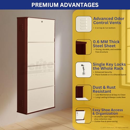 Image of DELITE KOM 24 inch Wide, 8 Shelf Metal Shoe Rack Wall Mounted for Home with Central Lock | Holds Upto 24 Shoes or 40 Slippers Pair | Double Decker, 1 Yr Warranty, (54x24x8, Coffee Ivory),DIY Space Saver