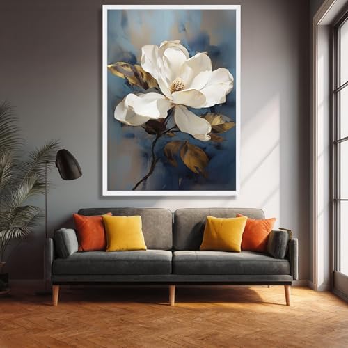 Tableau décoratif magnolia blanc pour illuminer un mur sombre avec feuilles d'or - 4