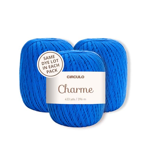 CIRCULO Charme Yarn Pack, 1299 yds for Knitting & Crochet, 3 Balls of 100% Mercerized Brazilian Virgin Cotton, Soft Sport Weight, Color 2829 - Ball Blue