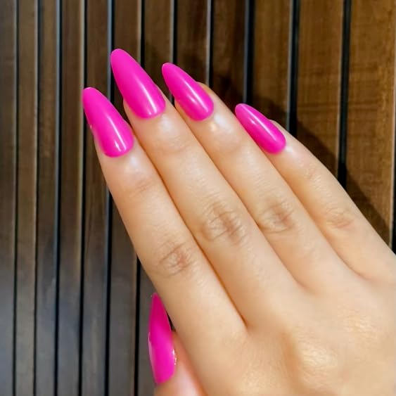 Image of 24 Pcs Reusable Press On Nails Fake Nails with Glue and Kit | Hot Pink Stiletto Press On Nails | Glossy Neon Pink Fake Nails | Reusable Stick On Nails for Women & Girls| ABS Material UV Protected Long Lasting Finish