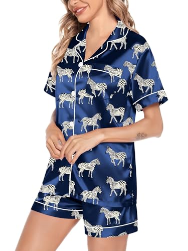 Image of SWOMOG Satin Matching Pajamas Sets Couple Silk Button Down Nightwear Women & Men Short Sleeve Sleepwear 2 Pieces Loungewear
