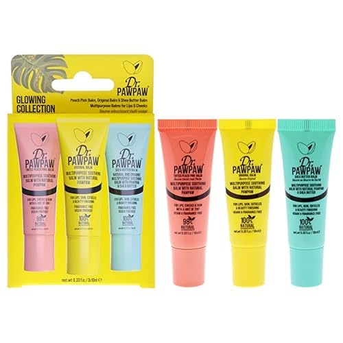 Dr.PAWPAW Glowing Trio Gift Set 3 x 10ml Original Shea Butter and Peach Pink Balms Multi Purpose Natural Fragrance Free Pawpaw Care for Lips Skin Hair and Beauty Finishing