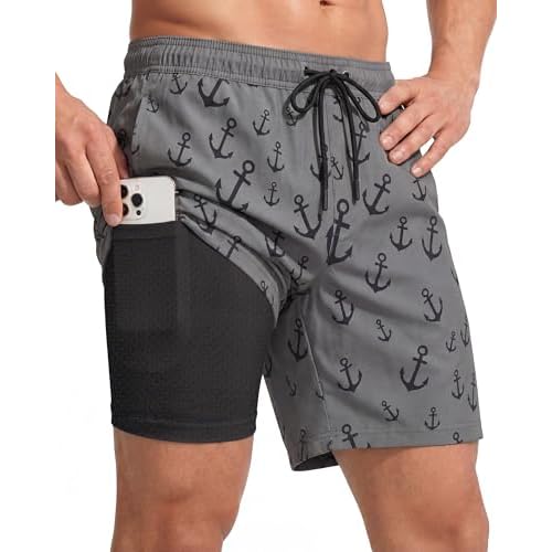 7 Inch Men Swim Trunks with Compression Breathable Liner Quick Dry Zipper Pockets for Pool Board Beach Cruise