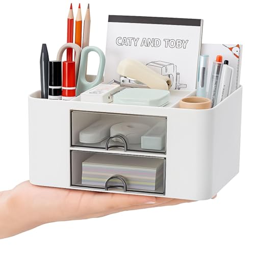 Image of Versatile Desk Organiser with 5 Compartments, 2 Drawers and Multifunctional Storage Options - Ideal for Office Supplies, Stationery and Desk Accessories, Office Organiser (Grey)