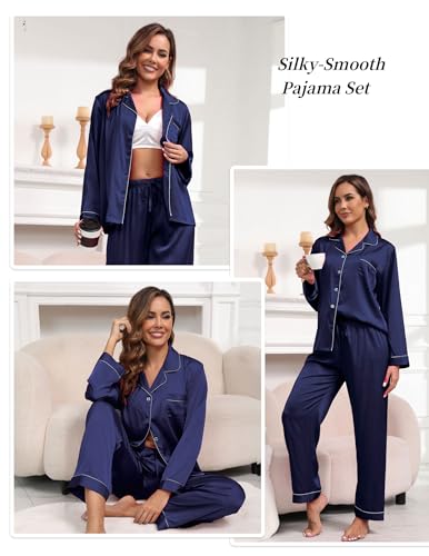 Image of UMBY Silk Satin Pajamas for Women Set 2 Piece Silk Pjs Long Sleeve Top Cozy Sleepwear Silky Pajamas
