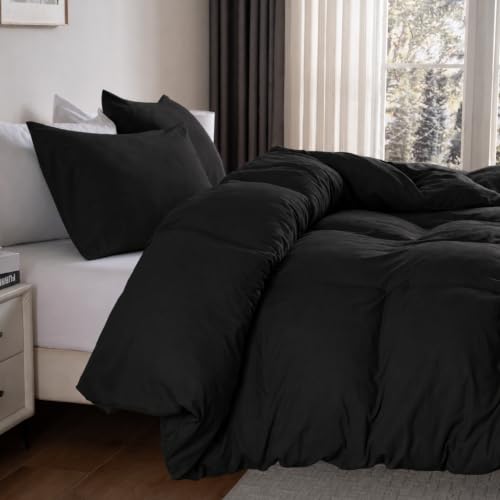 Image of Soft Washed Black Duvet Cover Set Queen Size, 2 Pillow Shams, No Comforter | Prewashed Microfiber, 4 Corner Ties, Button Closure, Ultra Soft, Cotton-Like, All Seasons, Queen Duvet Cover 90x90 in