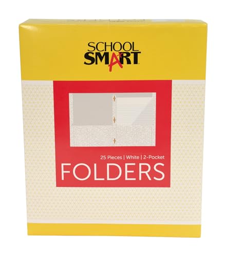 School Smart 2-Pocket Folders with Fasteners, White, Pack of 25