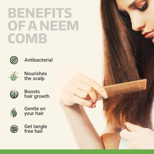 Image of Rusabl Kacchi Neem Wooden Comb (Fine & Wide Tooth), Dual Tooth Design, 100% Pure Neem Wood, No Handle, For Men & Women, Ideal for Detangling, Frizz Control & Shine, Suited for All Hair Types