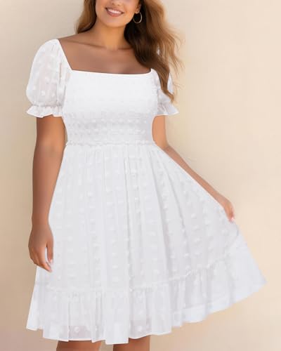 Plus Size Square Neck Graduation Summer Casual Sundress Chiffon Swiss Dot Ruffle Flowy Short Smocked Dress 20243