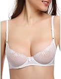 Deyllo Women's Sexy Lace Balconette Bra See Through Demi Unlined Bras Mesh Sheer Underwire (White,36C)