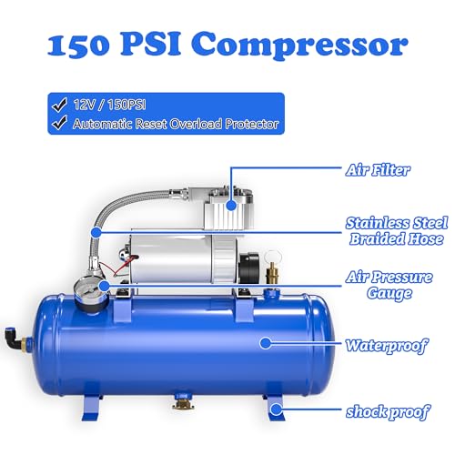 Suxidi TRAIN AIR HORN KIT 4 Trumpet Loud Train Horns Kit For 150 Psi 12V Air Compressor 1.59 Gallon For Trucks thumb #4