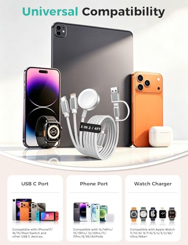 Image of Travel Essentials,3 in 2 USB C Cable for Apple Watch Charger,iPhone Charger,Multi Charging Cable,Cruise Vacation Camping Essentials,Portable for iWatch Series 11-2 /Ultra /SE & iPhone 17-12,Car,White