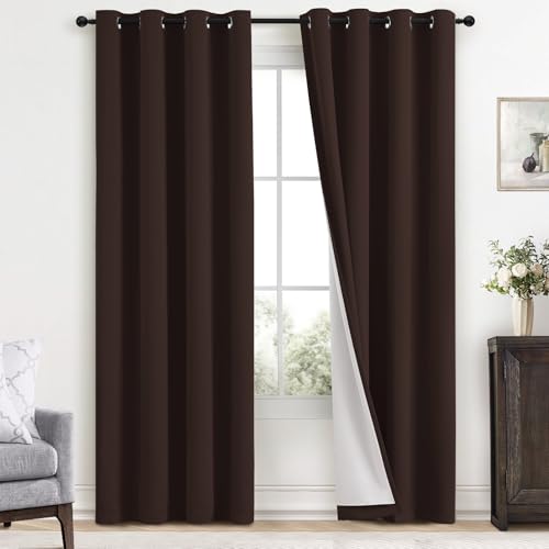 Yakamok Room Darkening 100% Blackout Curtains Grommet Window Treatments with 2 Thick Layers-Brown Thermal Insulated Drapes Set of 2 Panels for Bedroom Living Room 52 Inches by 96 Inches Length