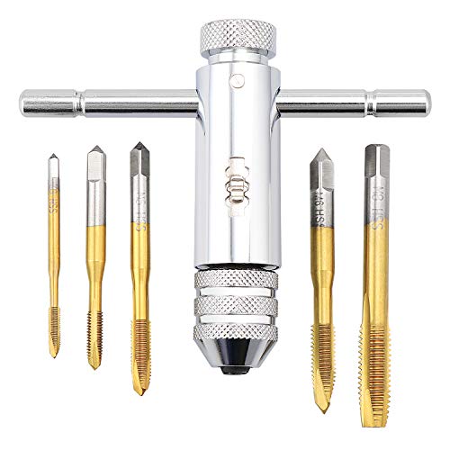 HSEAMALL Llave ajustable M3-M8 de 3 mm-8 mm HSS con mango en T de trinquete, llave de roscado, herramienta de roscado roscado con rosca manual de 5 piezas Cover