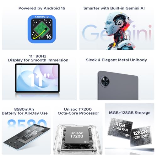 Image of U11 Android 16 Tablets, 11 Inch Tablet with Gemini AI | 16GB+128GB /2TB, 8580mAh, Unisoc T7200, 5G WiFi Android Tablets | Widevine L1 | BT 5.0 | 13MP+6MP | GPS | OTG