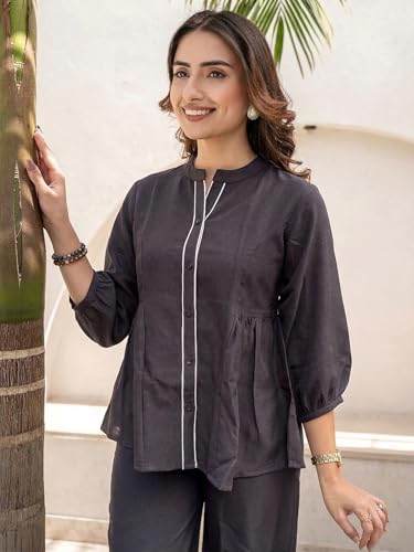 Image of TAGDO Co Ord Set for Women Stylish | Linen Kurta Set for Women | Mandarin Neck & Button Kurti Tops with Straight Fit Pants | Casual, Office & Travel Wear Two-Piece Outfit (2062)