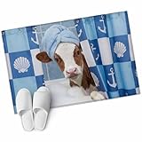 Xibuciein Funny Cow Bathing Felt Area Rug with Dotted Non-Slip Backing, Shell Anchors Towel Modern Abstract Natural Floor Mat for Living Room Bedroom Office, 60x90cm, Rectangle