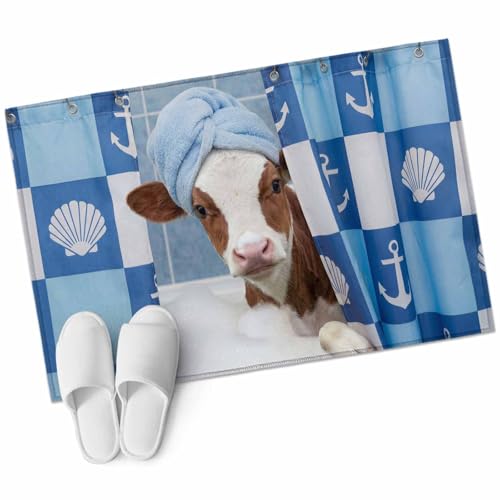 Xibuciein Funny Cow Bathing Felt Area Rug with Dotted Non-Slip Backing, Shell Anchors Towel Modern Abstract Natural Floor Mat for Living Room Bedroom Office, 60x90cm, Rectangle