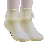ChAusa 4 Paar Rüschen Socken Mädchen Spitzen Söckchen Ballett Rundhals Elastische Baumwollsocken, Weiße Prinzessin Sockens, Mädchen Rüschen Spitze für Kinder von 3-8 Jahren (Gelb)