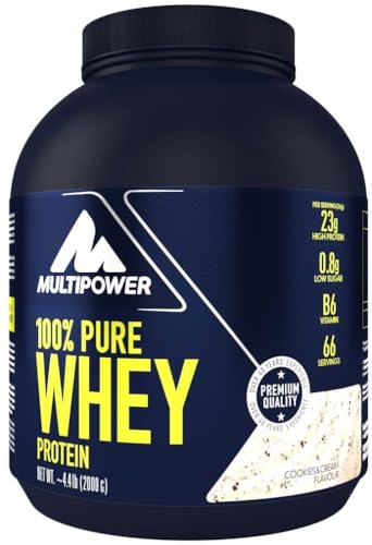 Multipower 100% Pure Whey Protein – wasserlösliches Proteinpulver mit Cookies & Cream Geschmack aus Wheykonzentrat und -Isolat – 21 g Protein und Vitamin B6 – 2 kg