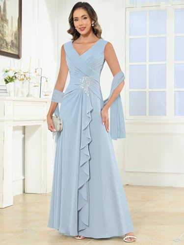 Chiffon Mother of The Bride Dresses with Shawl Lace Applique Long Pleated Wedding Guests Formal Evening Party Gown3