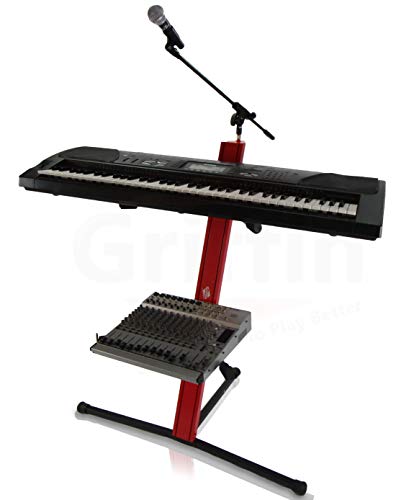 2-Tier Column Keyboard Stand With Mic Boom Arm By Griffin | Double Sliding Multi Mounting Platform Red Stage Tower Rack | Holder For Digital Piano, Turntable, Dj Audio Gear, Studio Laptop Synthesizer #TOP6