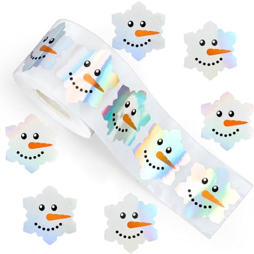 500Pcs Christmas Snowmen Stickers Roll 1in Laser Snowflake Seal Stickers Xmas Waterproof Self-Adhesive Decals for Envelope Journal Decor