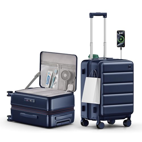 ISLAND ELEPHANT Expandable 20Inch Carry On Luggage Airline Approved - Top Opening Hardside Travel Suitcase Unbreakable -with Cup Holder USB Charge Side Pothook 360Spinner Wheels TSA Lock-Navy Blue