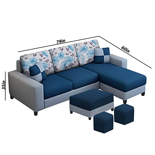 Image of Orland 4 Seater RHS L Shape Sofa with Center Table & 2 Puffy | Color - Blue Grey