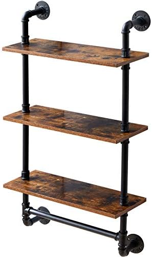 IBUYKE Industrial Pipe Shelf,40.5 inches Wall Mount Bookcase,3-Tier Wall Shelf with Towel Bar,Rustic Iron Pipe Floating Shelvesfor Bedroom,Kitchen,Living Room,Bathroom URF-TM015