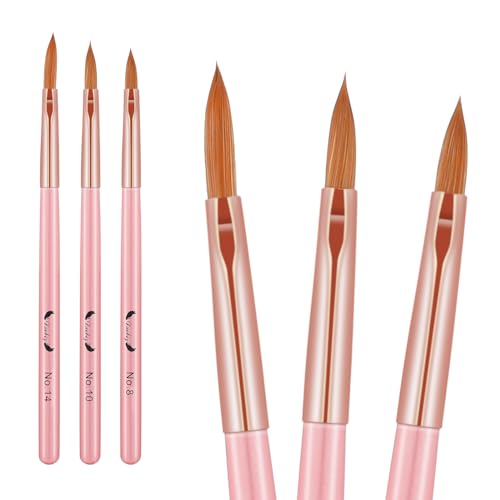 WLLHYF Acrylic Nail Brush 3PCS Nail Brushes for Acrylic Application Handmade Round Shape Nail Art Brushes Pink Professional Acrylic Powder Brushes for Nails Extension 3D Nail Carving(Size8/10/14